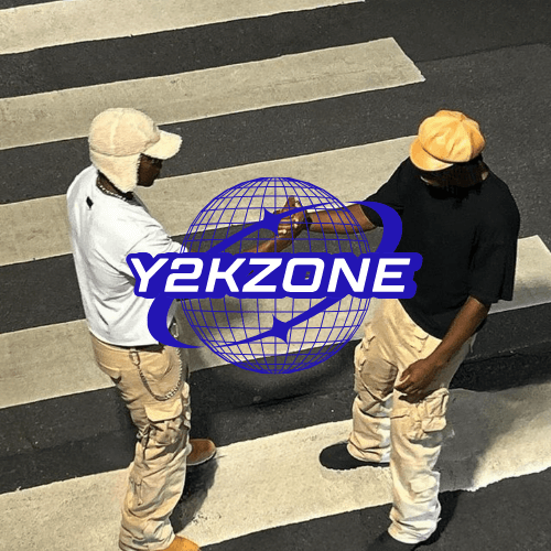 Two stylish individuals in casual Y2K streetwear greeting each other with a fist bump on a crosswalk, featuring the bold "Y2KZONE" globe logo overlay.
