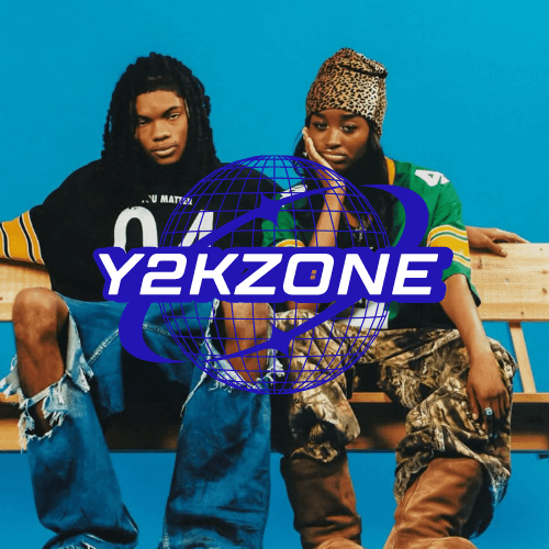 Two stylish people sitting casually on a wooden bench, dressed in vibrant and trendy Y2K outfits, with the bold "Y2KZONE" globe logo overlay.