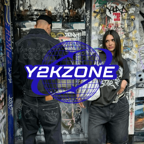 Two individuals in urban streetwear posing against a graffiti-covered wall, overlaid with the vibrant "Y2KZONE" globe logo.