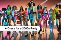 A group of models posing in vibrant Y2K fashion outfits, featuring neon crop tops, metallic jackets, and platform boots, set against a futuristic backdrop with neon lighting.