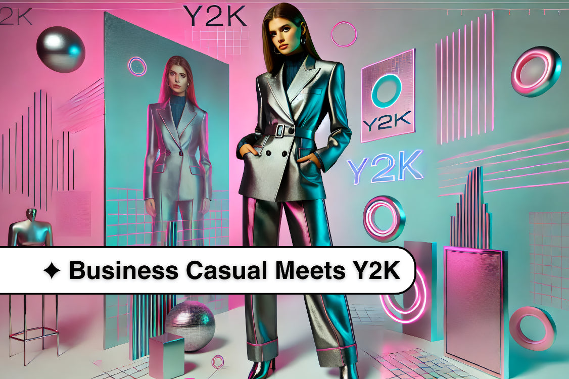 A model in a Y2K-inspired business casual outfit featuring a metallic blazer and low-rise trousers, with neon accents in the background