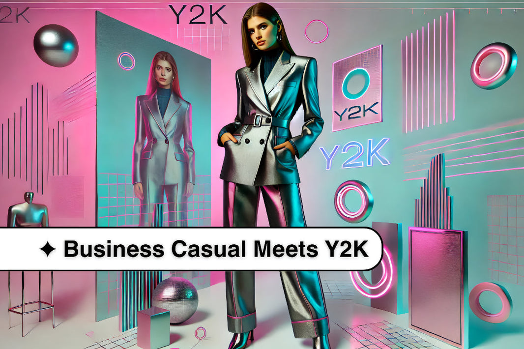 A model in a Y2K-inspired business casual outfit featuring a metallic blazer and low-rise trousers, with neon accents in the background