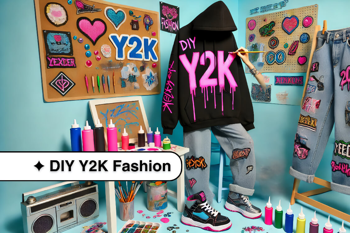 A model customizing a black hoodie with neon pink fabric paint and graffiti-style text, surrounded by colorful rhinestones and fabric patches in a bright, retro-inspired workspace.