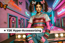 A model wearing colorful chunky bracelets, rhinestone belts, oversized hoop earrings, and butterfly clips, paired with a metallic pink crop top, low-rise denim jeans, and platform sneakers