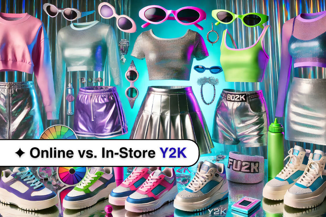 Collage of iconic Y2K fashion: metallic skirts, neon tops, tinted sunglasses, chunky sneakers, and holographic accessories, in pastel-neon hues against a glossy background