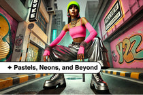 A model wearing a neon pink crop top, metallic silver cargo pants, and chunky platform boots, accessorized with a neon green beanie and silver hoop earrings