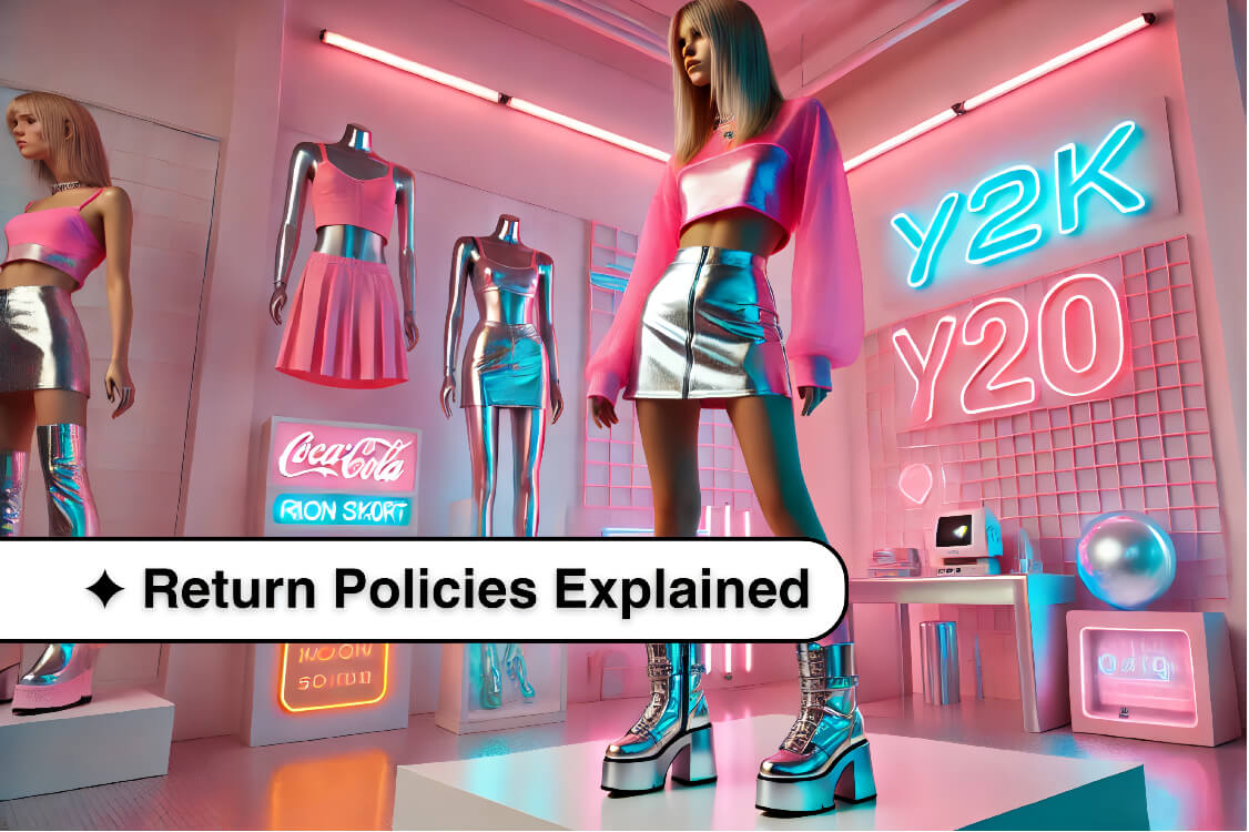 Model wearing a Y2K-inspired metallic silver mini skirt, neon pink crop top, and chunky platform shoes, standing in front of an urban backdrop with glowing neon lights.