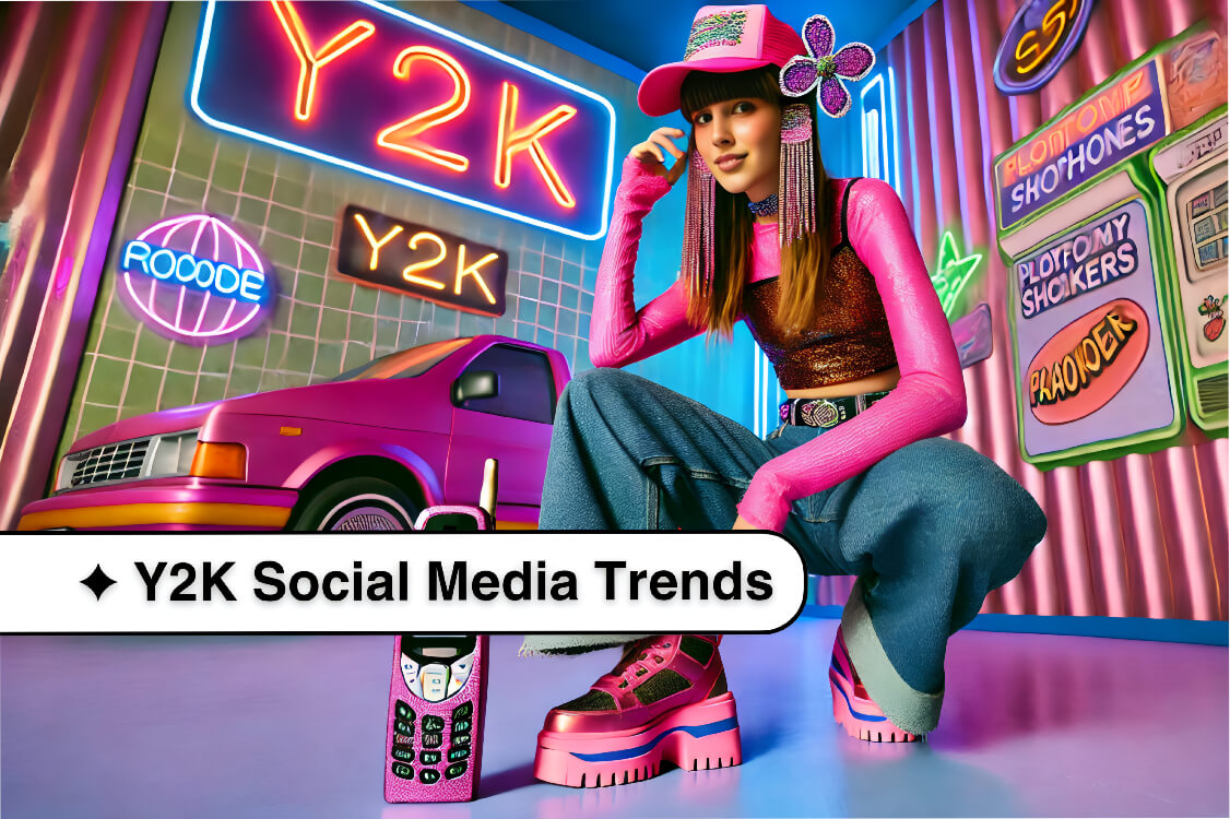 A model wearing baggy denim jeans, a sparkly butterfly clip, a bedazzled flip phone, a metallic pink crop top