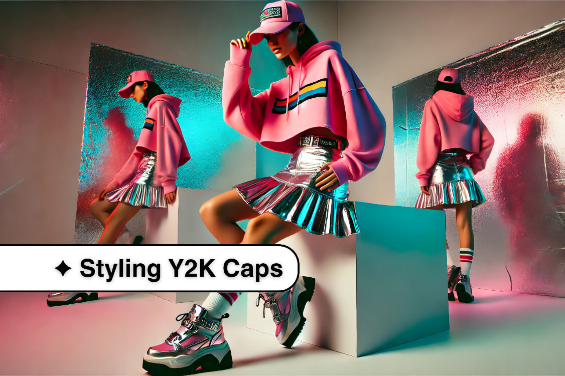 A model wearing a neon pink cropped hoodie, metallic silver mini skirt, chunky platform sneakers, and a Y2K baseball cap in a bright, minimalist setting with holographic elements