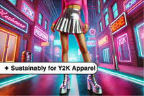 A model wearing metallic silver mini skirt, neon pink crop top, and chunky platform boots, surrounded by neon lights