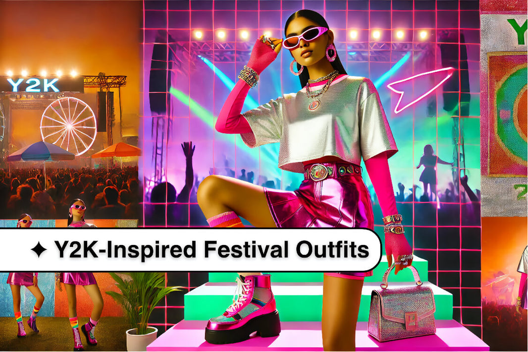 A model wearing a metallic silver crop top, neon pink mini skirt, platform sneakers, chunky rings, oversized sunglasses, and a sparkly handbag