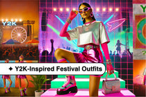 A model wearing a metallic silver crop top, neon pink mini skirt, platform sneakers, chunky rings, oversized sunglasses, and a sparkly handbag