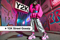  model wearing a neon pink oversized hoodie, metallic silver cargo pants, chunky platform sneakers, and a holographic belt