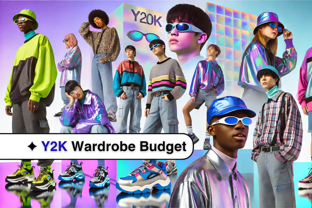 Cover image collage of models showcasing playful Y2K-inspired streetwear with metallic tops, neon accessories, chunky shoes, and futuristic sunglasses on a holographic pastel background.