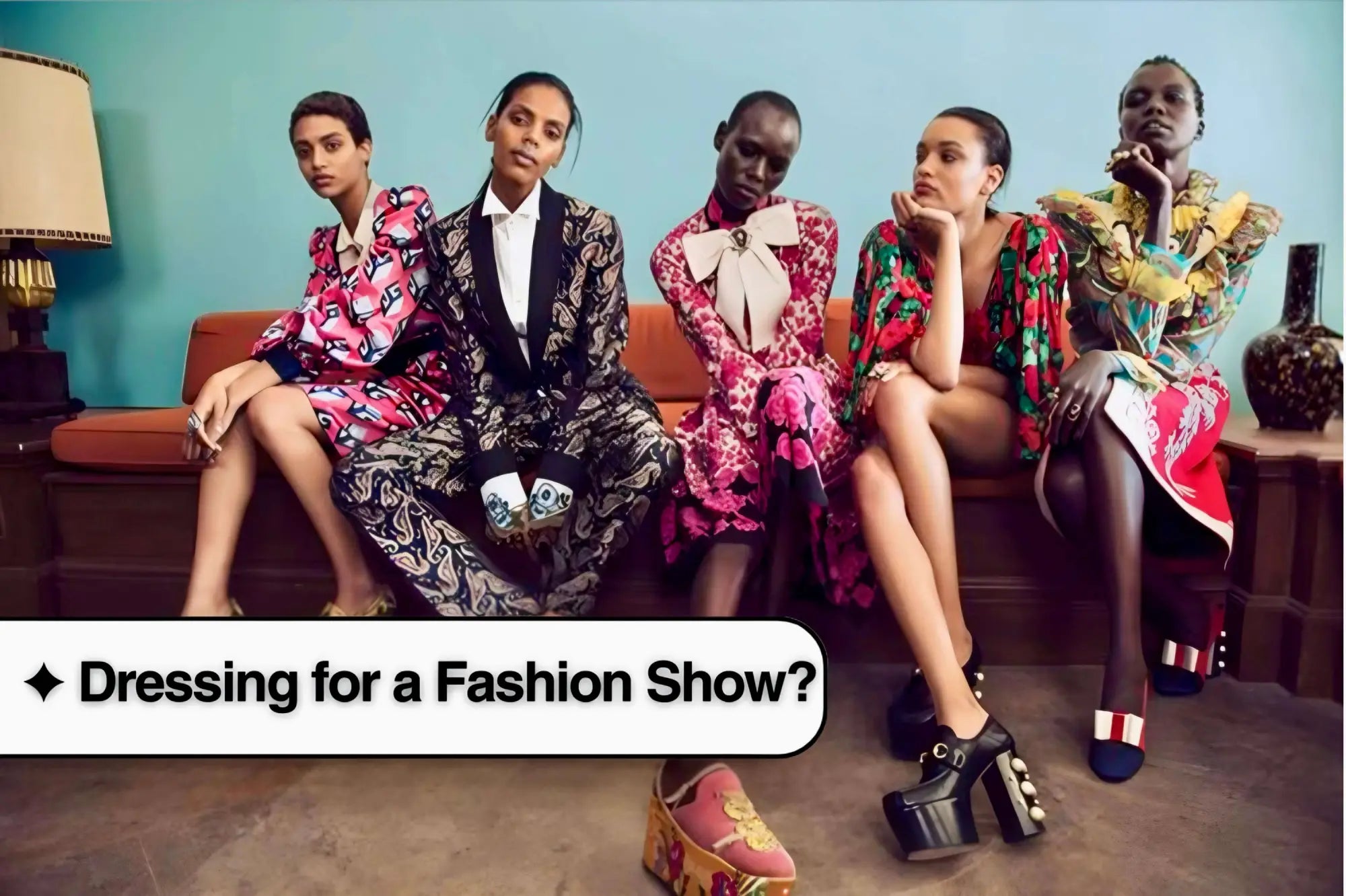 Five people in colorful outfits showcasing Y2K fashion on a couch for fashion shows.