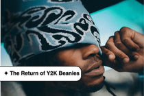 Stylized Y2K beanie hat with bold graphic pattern worn in Y2K fashion trend.