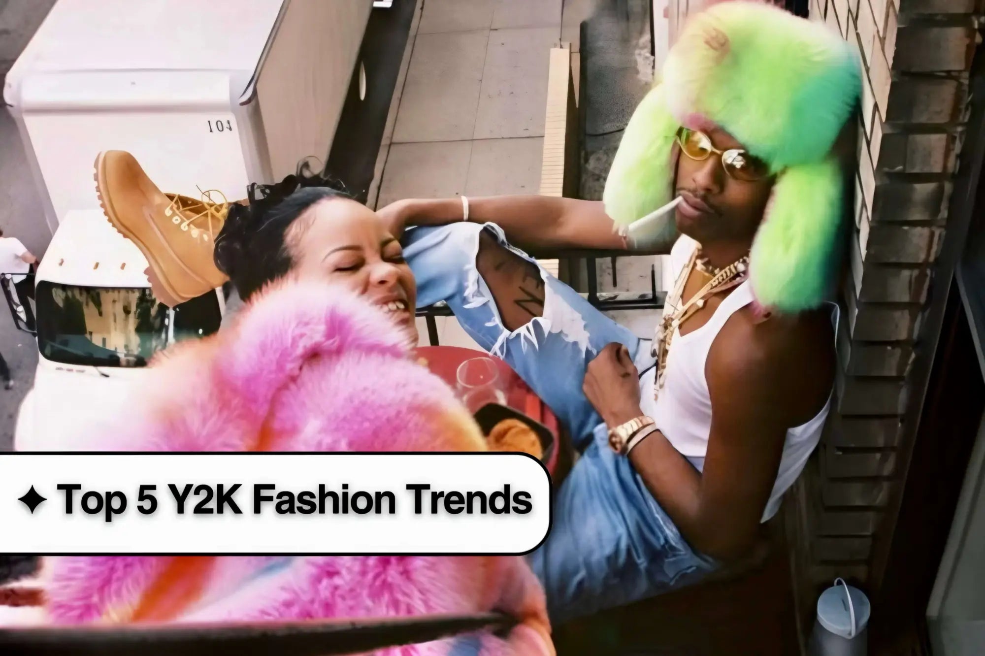 Two individuals in colorful Y2K fashion outfits with fur and bright hair.