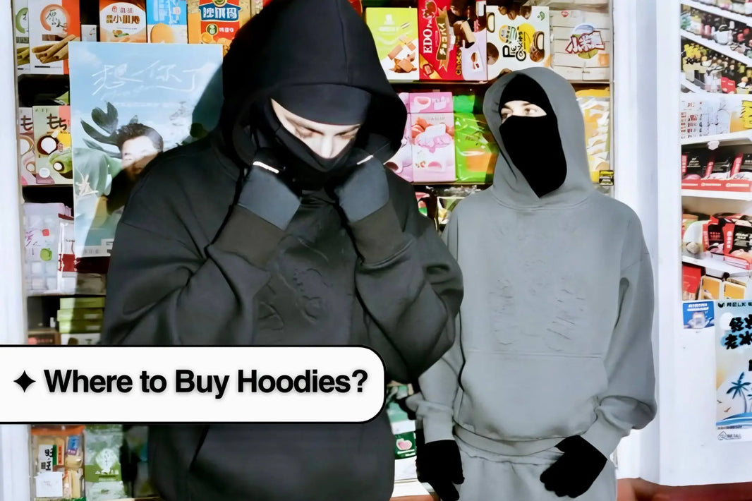 Two people in Y2K hoodies and face coverings shopping in a store aisle.