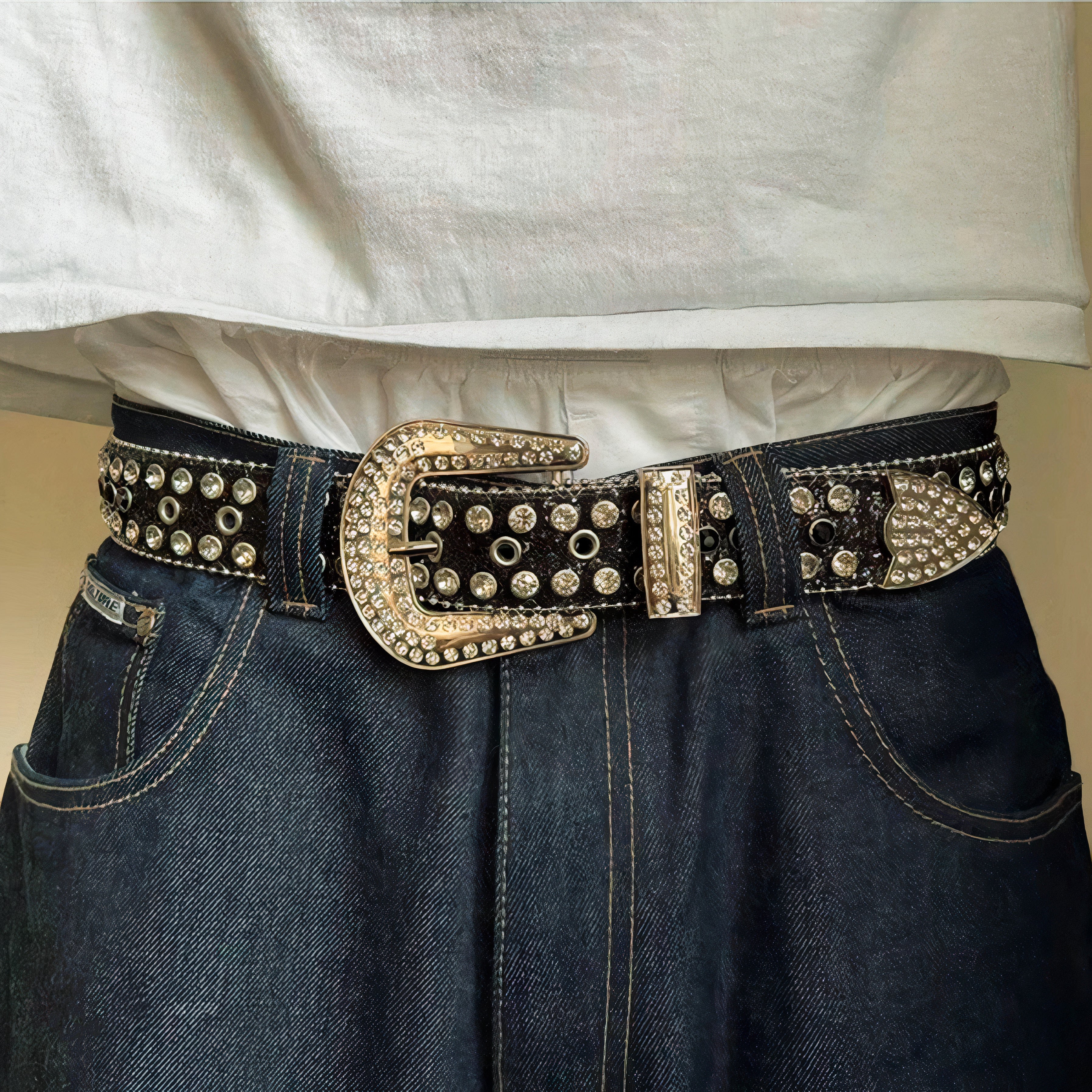 Ornate black leather Y2K belt with gold studs and a decorative buckle in Y2K Accessories.