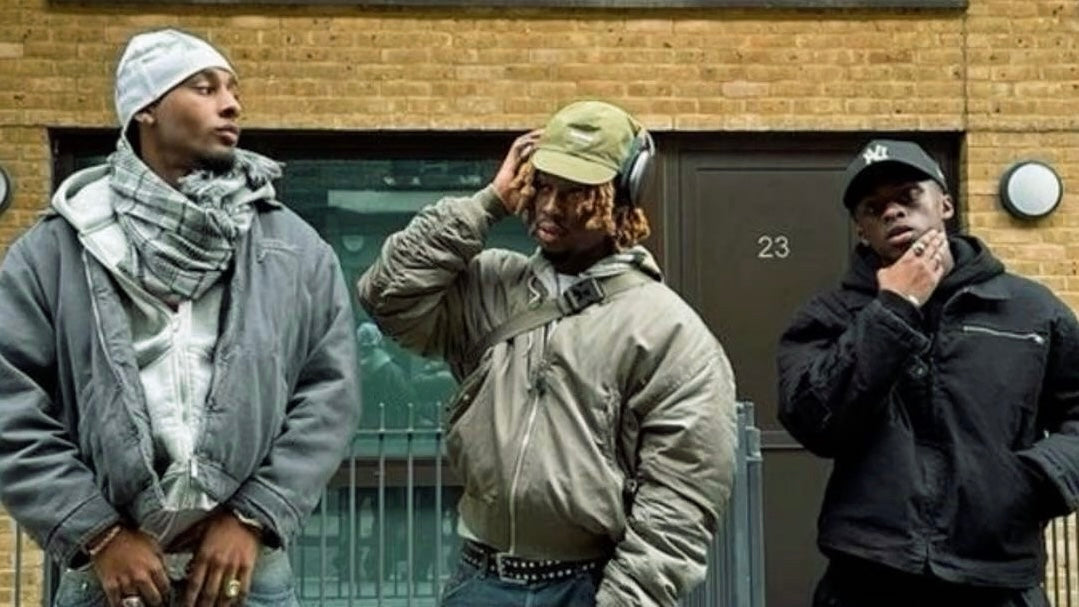 Three men in casual winter Y2K clothing expressing diverse gestures and emotions.