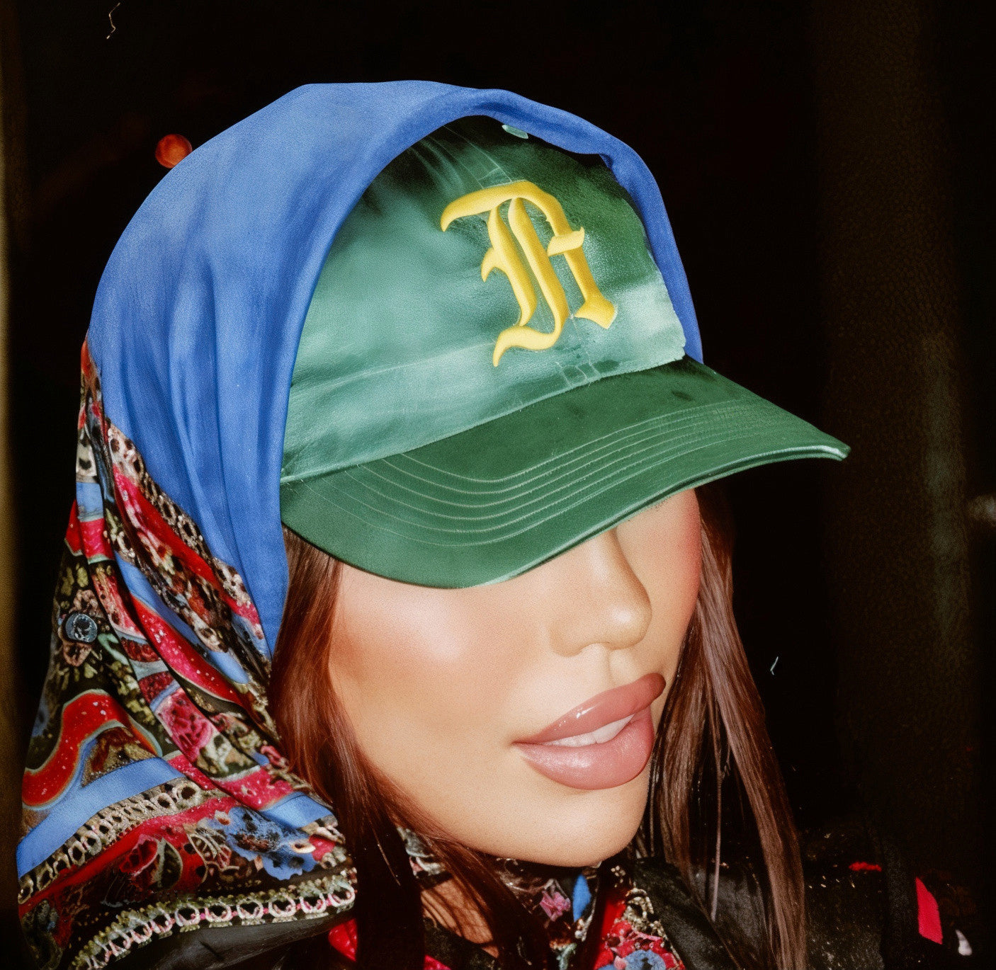 Baseball cap with blue headscarf and yellow R logo from Y2K Caps collection.