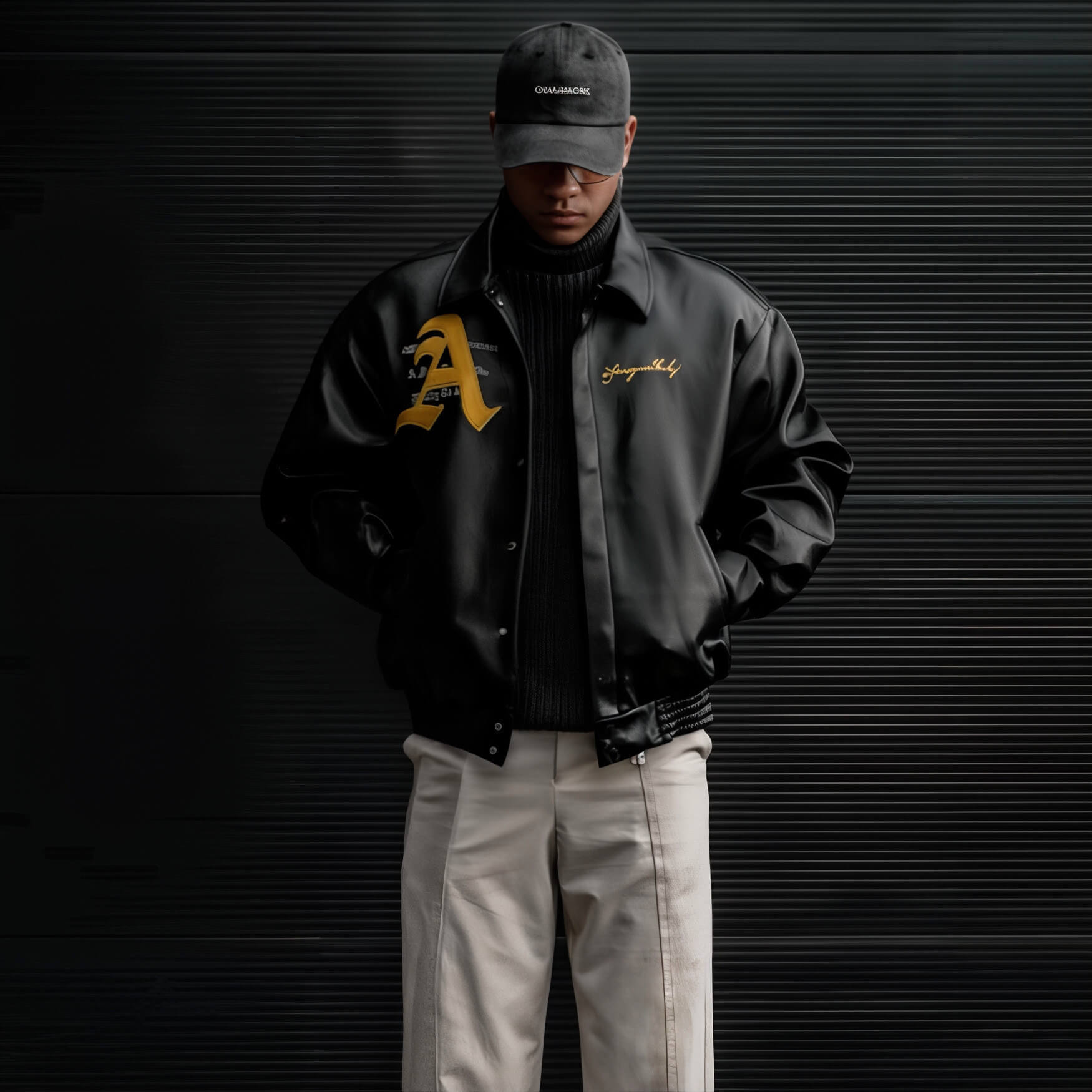 Man in black varsity jacket, cap, and light pants, moody background, Y2k