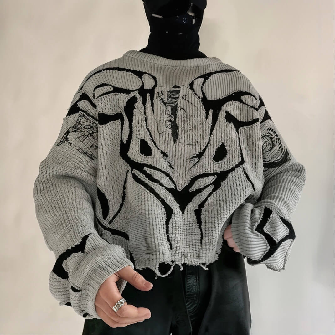 Gray knitted sweater with abstract black pattern, edgy Y2K street style, Y2k