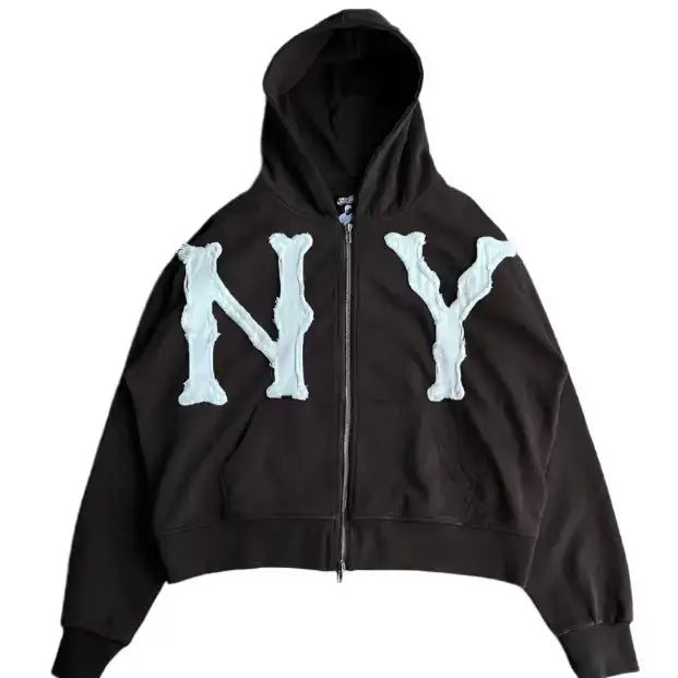 Black 2000s hoodie with light blue NY embroidered design on the front