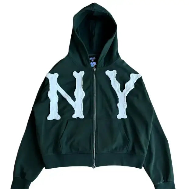 Dark green 2000s hoodie with white NY print and embroidered design on front