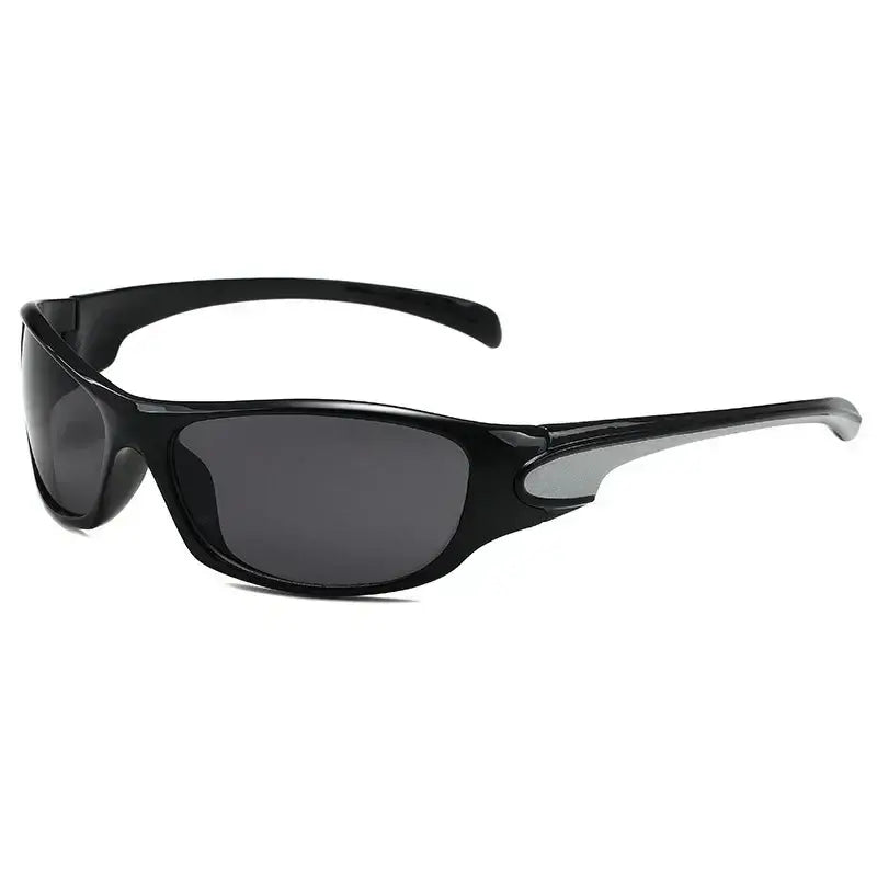 Black 2000’s sunglasses with dark lenses and curved frames, 40mm lens width, Y2K style