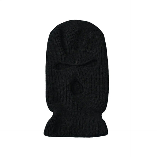 Black knit 3-holes ski mask with openings for eyes and mouth for winter protection