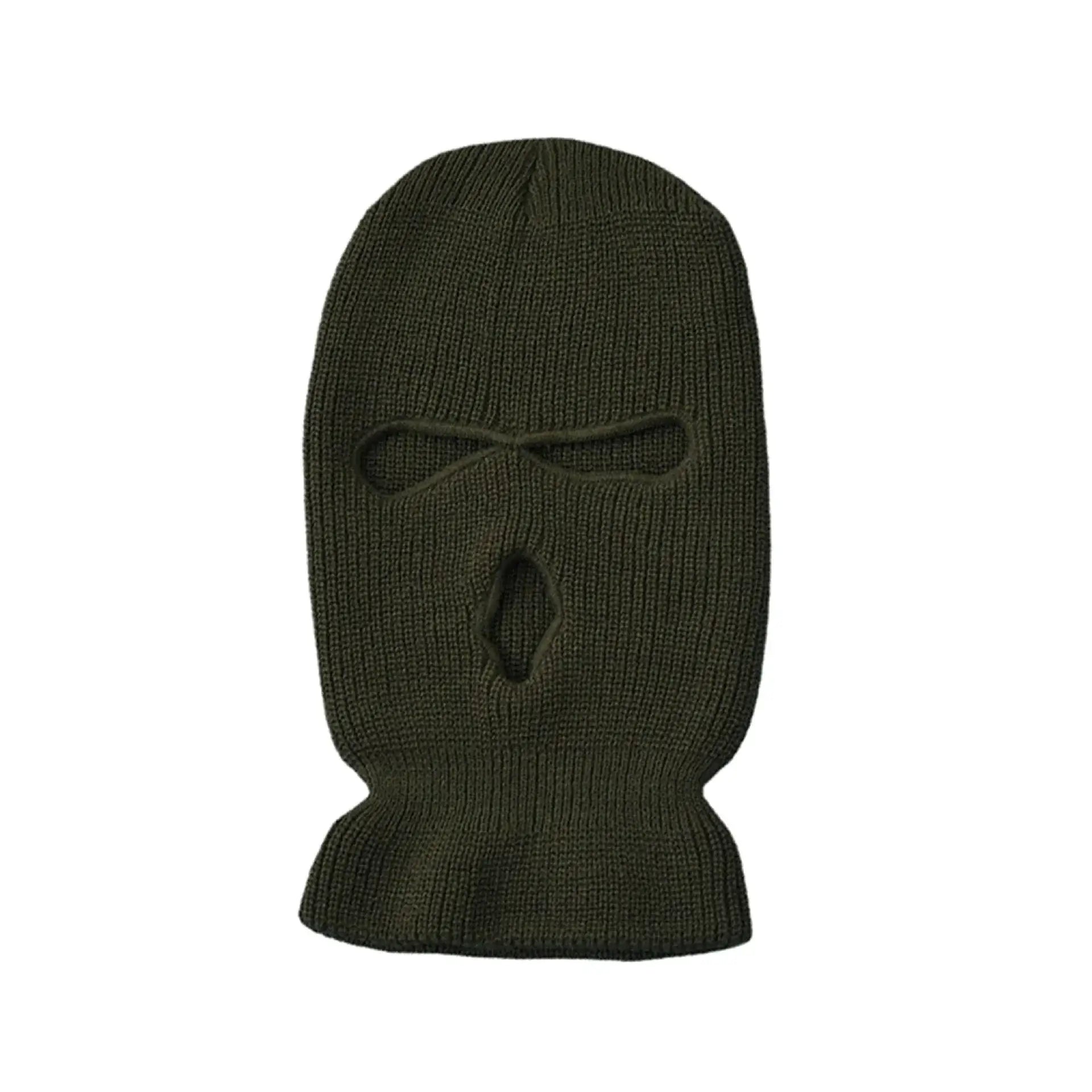 Dark green knitted 3-holes ski mask with openings for eyes and mouth