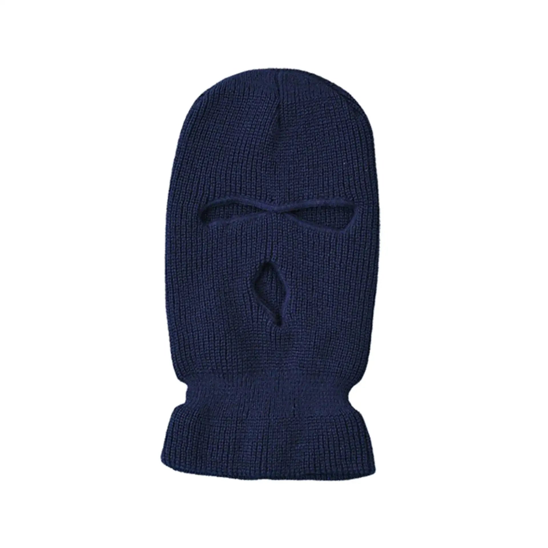 Navy blue knitted 3-holes ski mask with openings for eyes and mouth