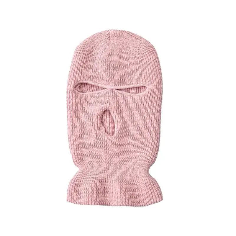 Pink knitted 3-holes ski mask featuring eye and mouth openings for comfort and warmth