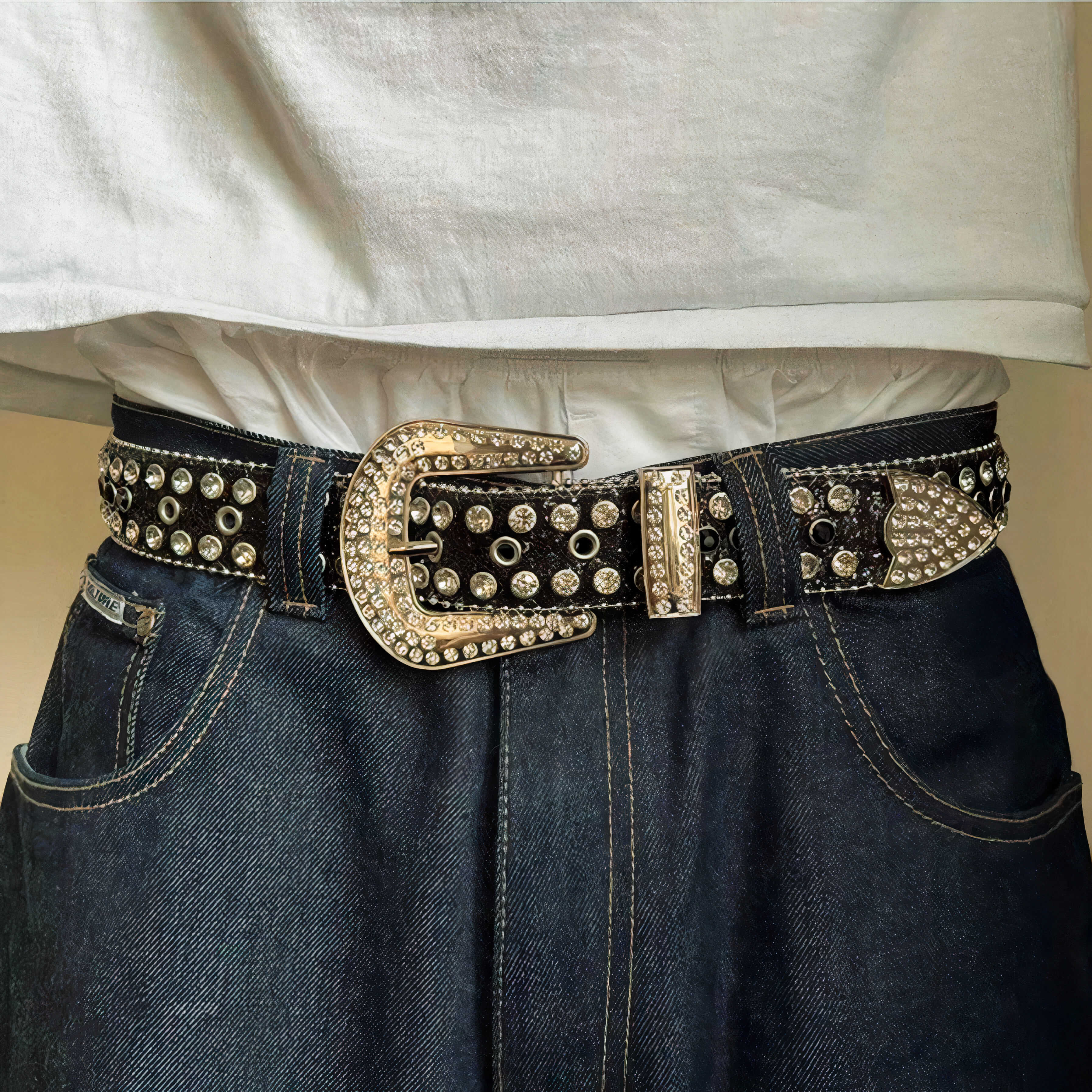 Studded black belt with rhinestone buckle, paired with dark denim jeans, Y2K