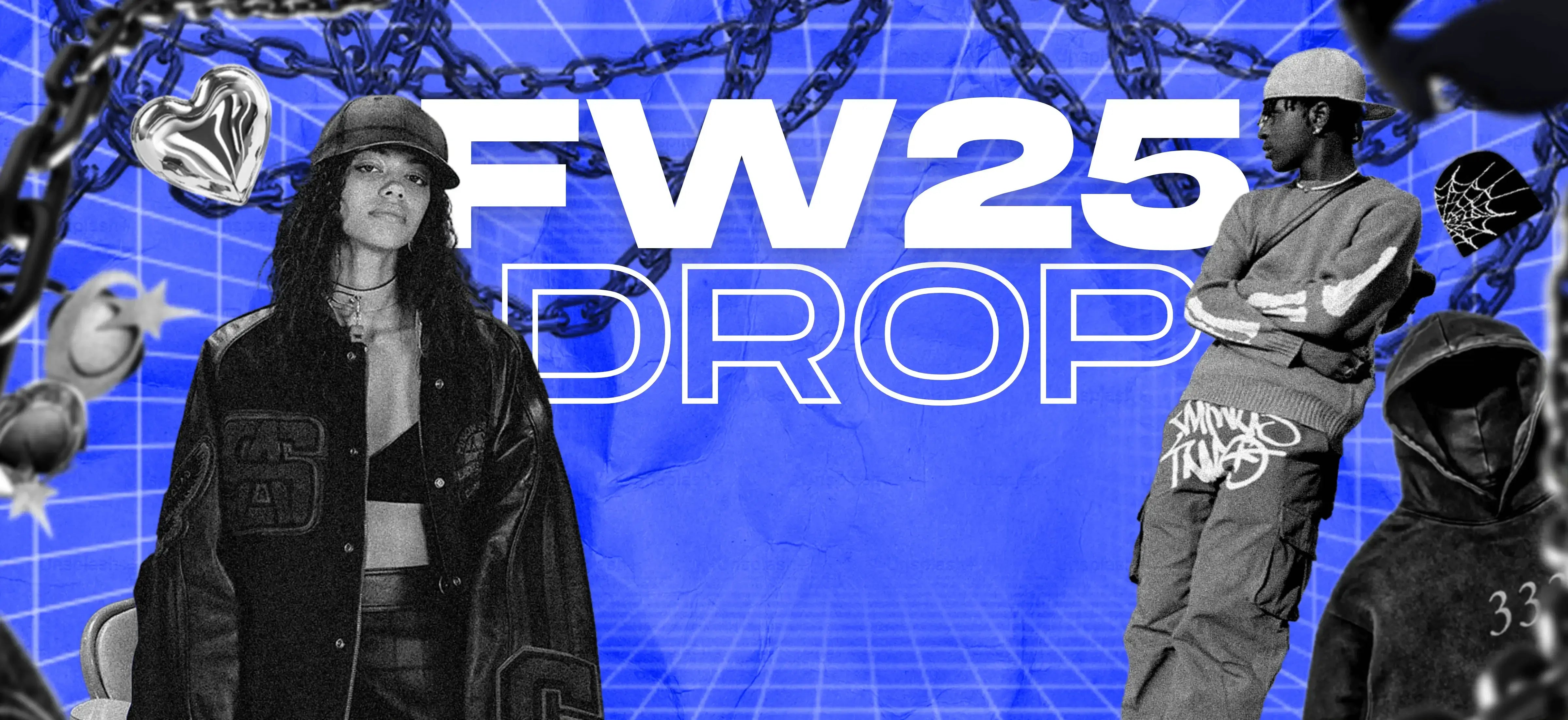 Y2K fashion collage featuring streetwear clothing with black and white aesthetic, including oversized jackets, graphic pants, and chain accessories on a blue grid background.