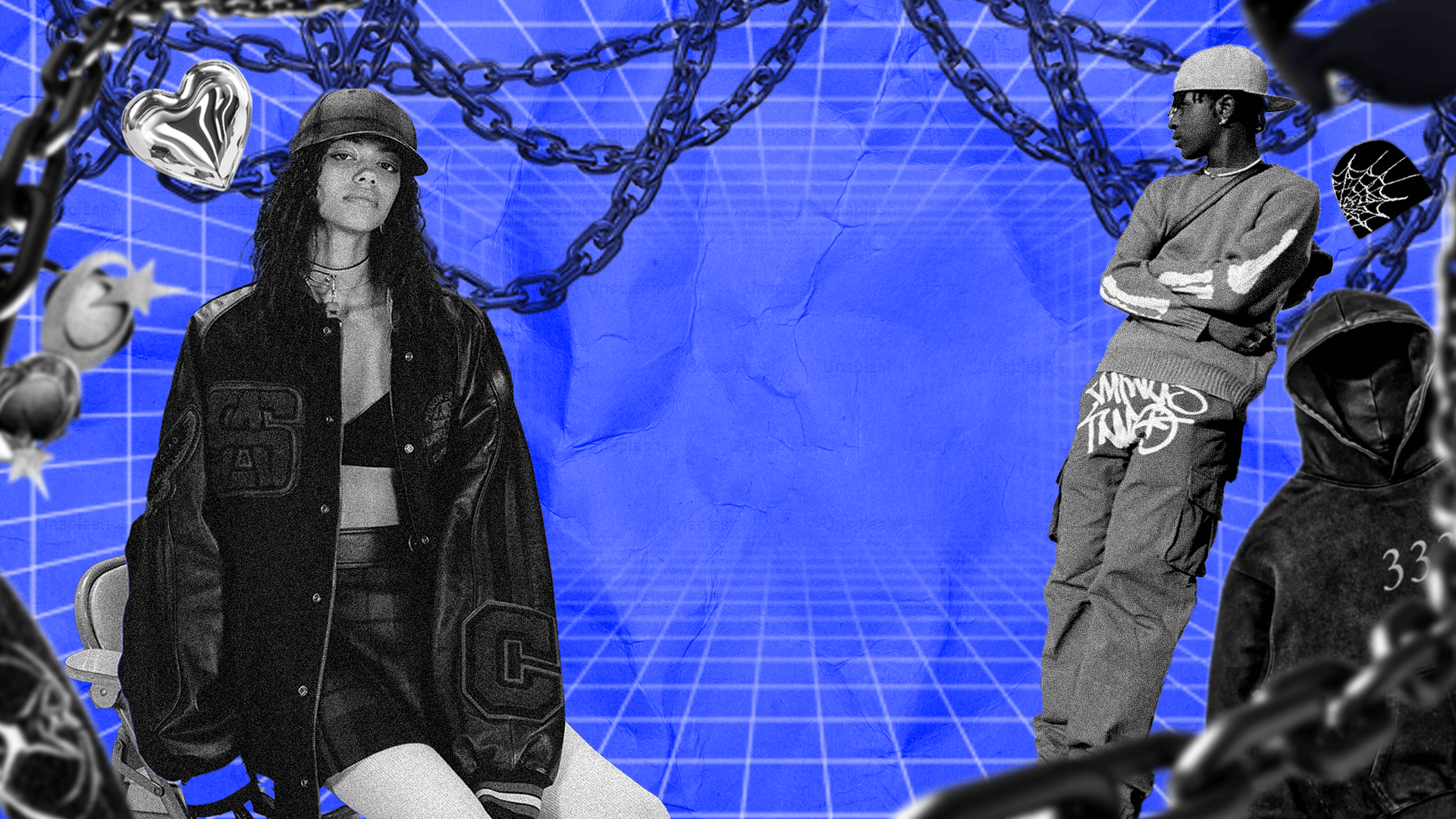 Y2K fashion collage featuring streetwear clothing with black and white aesthetic, including oversized jackets, graphic pants, and chain accessories on a blue grid background.