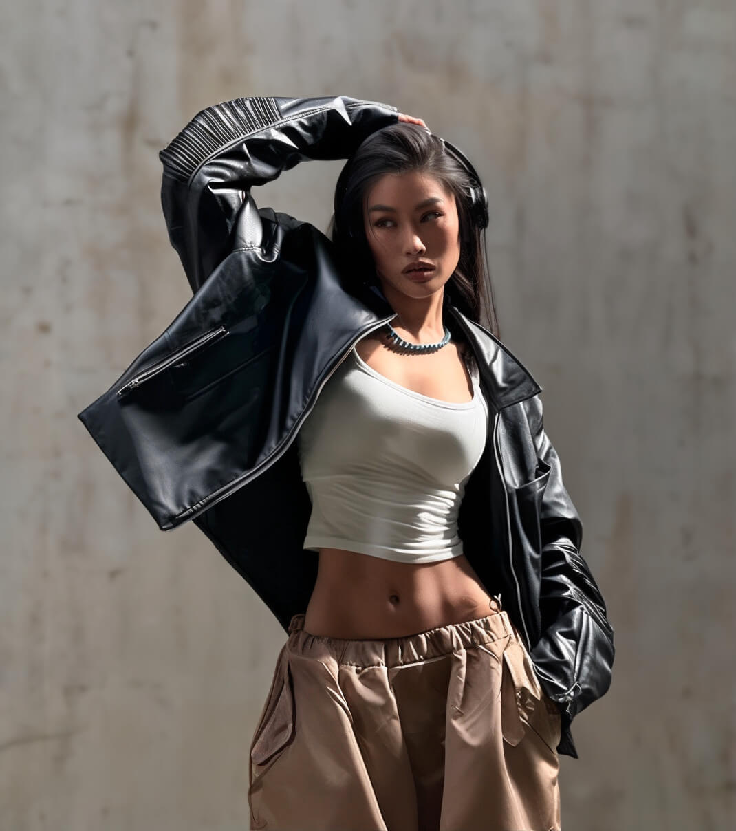 Woman in black leather jacket, white crop top, and cargo pants, Y2K