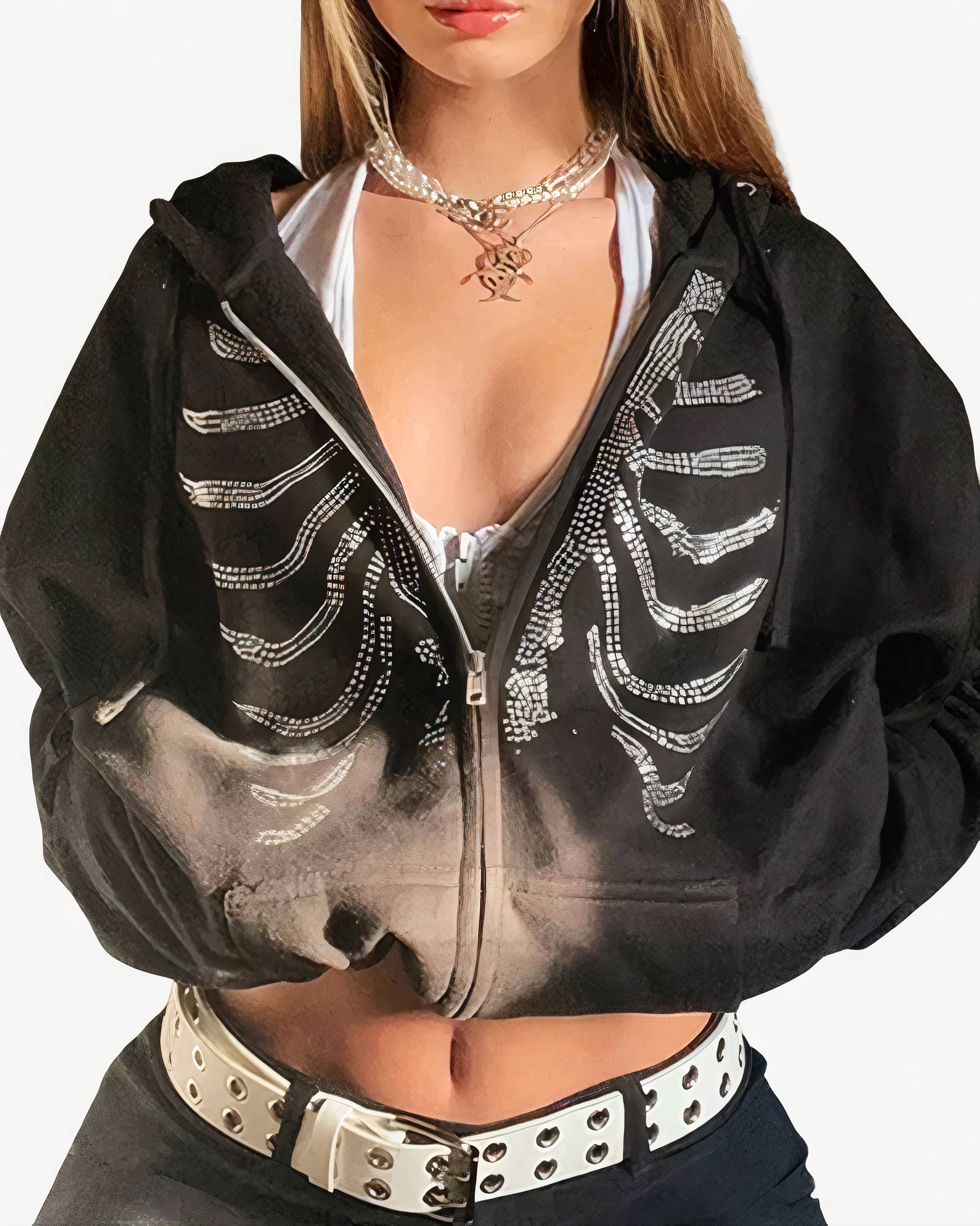 Woman in black hoodie with skeleton print, layered chains, and belt, Y2K