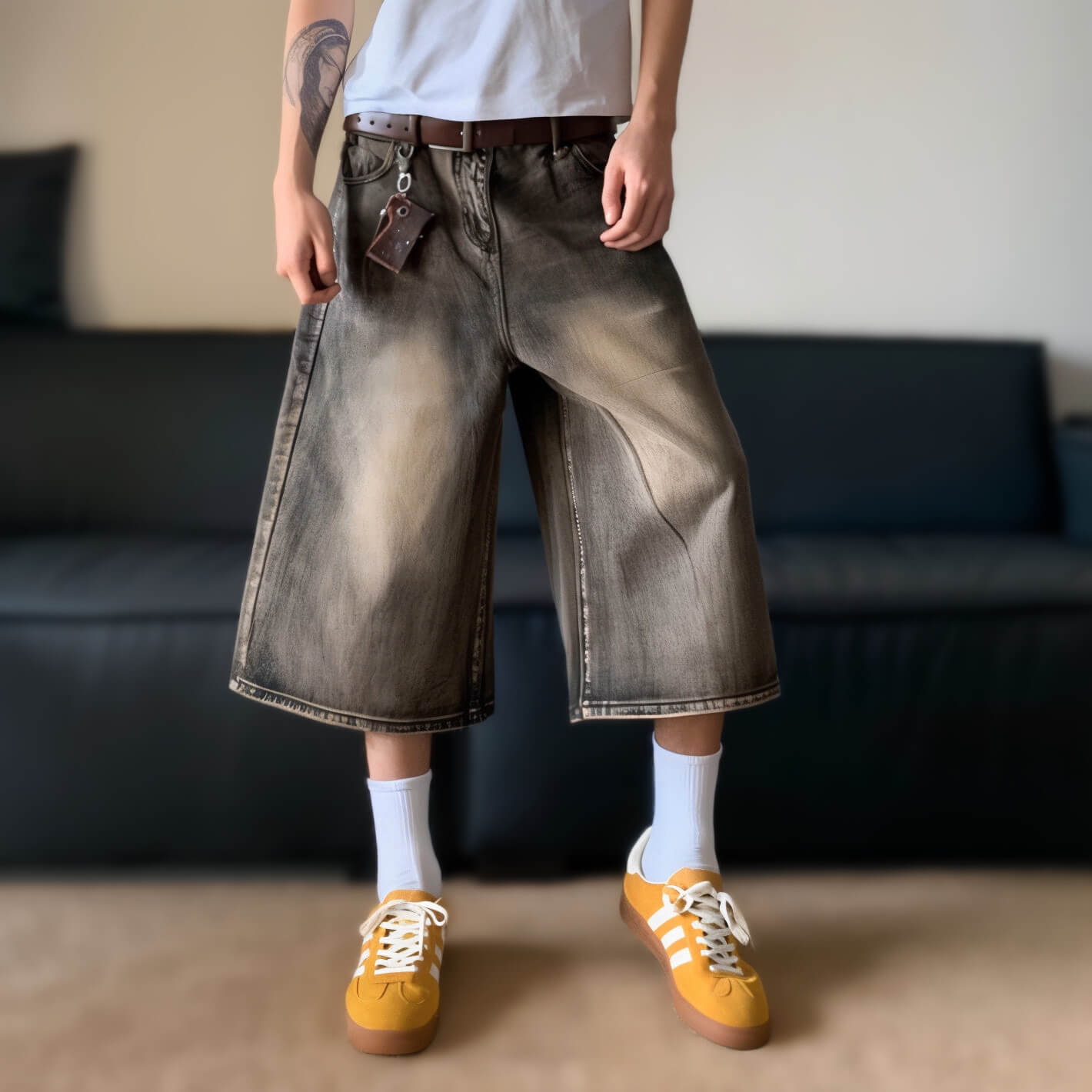 Wide-leg faded denim shorts paired with orange sneakers and white socks, Y2K