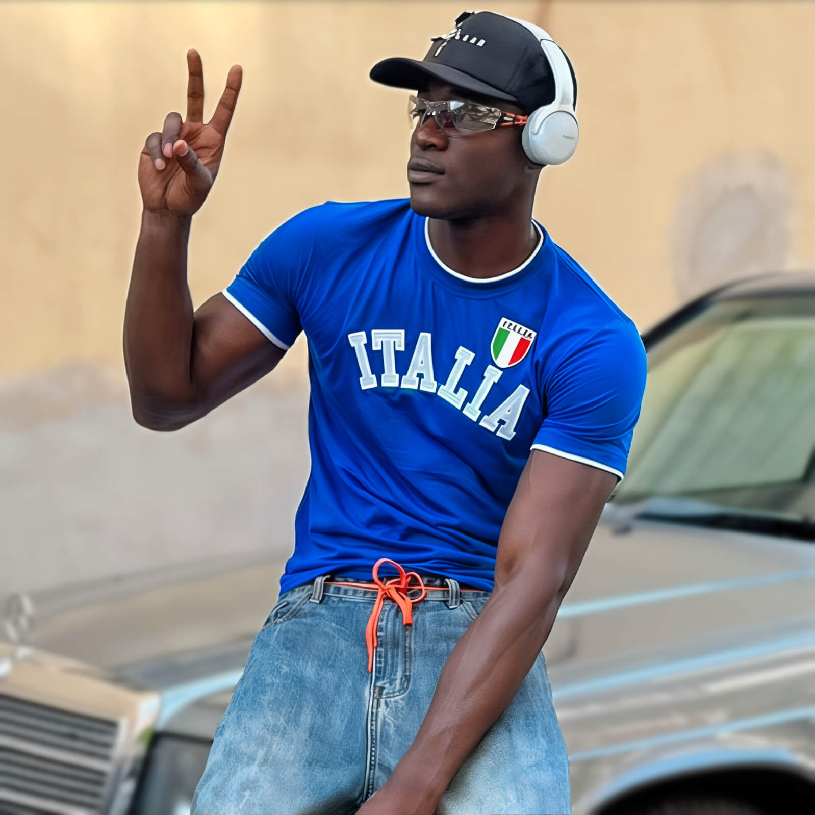 Man in blue 'Italia' tee, cap, and headphones giving peace sign, Y2K