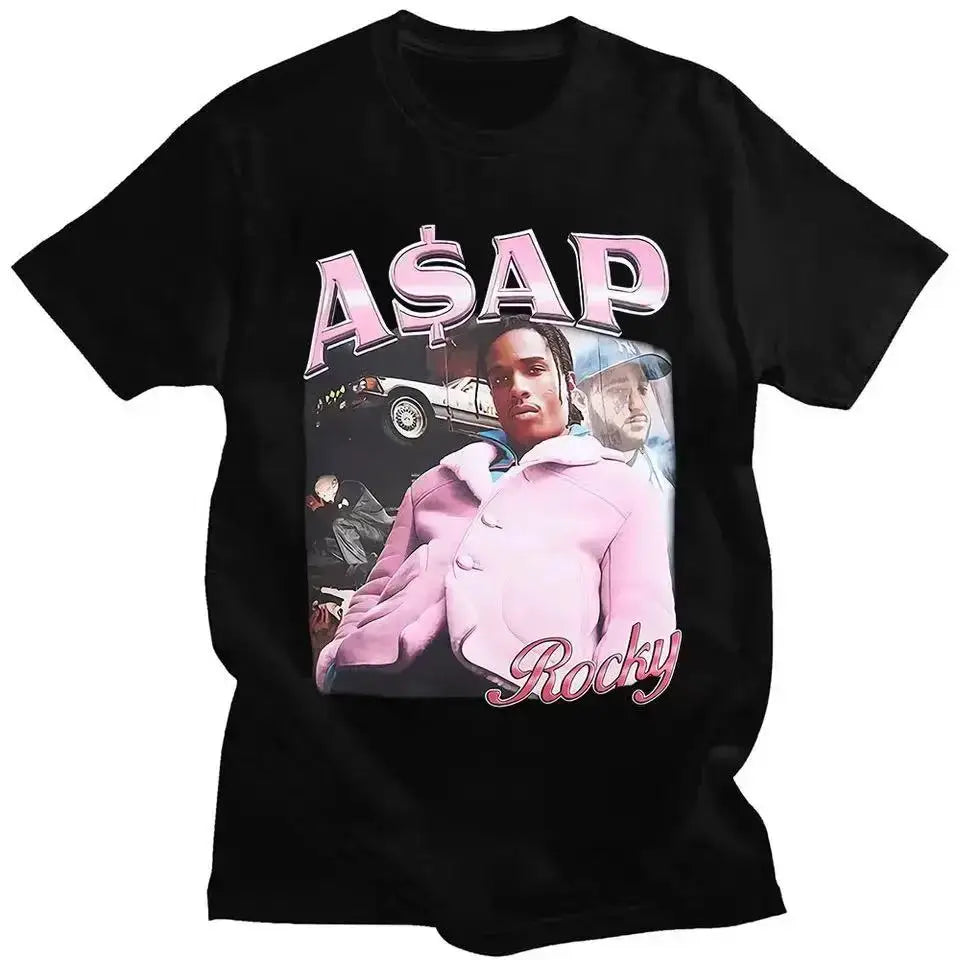 Black A$AP Rocky T Shirt featuring man in pink outfit and bold graphic design