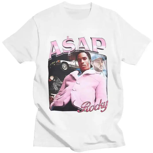 White A$AP Rocky T Shirt featuring pink graphic design and ASAP text in Y2K style