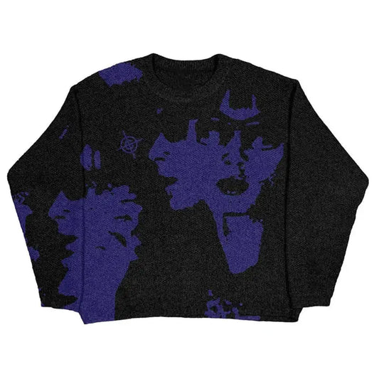 Black Abstract Face Sweater featuring purple abstract splotch patterns for unique style