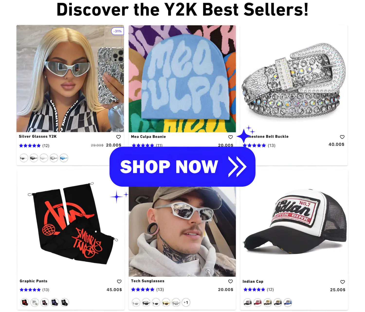 Y2K fashion advertisement featuring accessories like sunglasses, graphic tees, and hats.