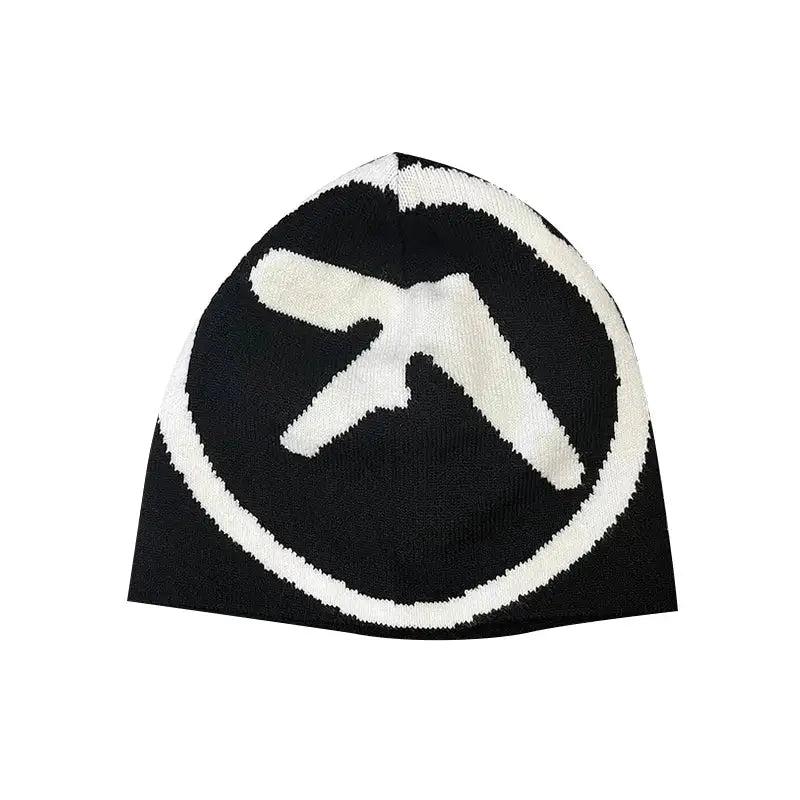 Black knit aesthetic beanie featuring a white circular logo design, perfect blend for Y2K style