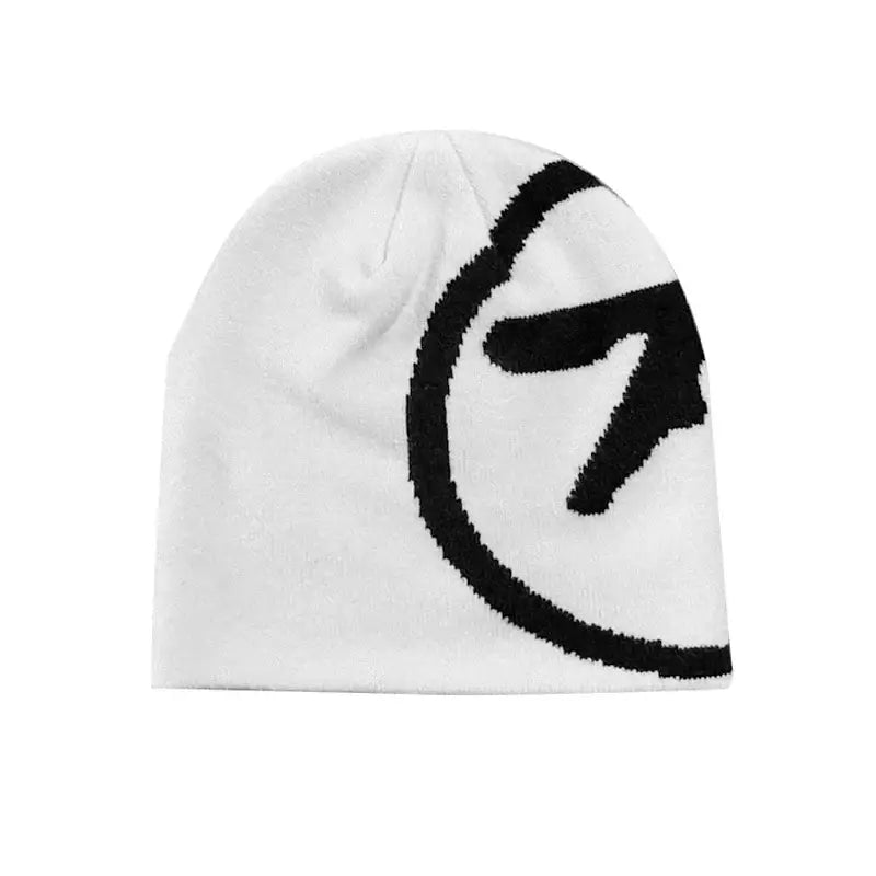 White knit aesthetic beanie featuring a black stylized logo for the perfect blend