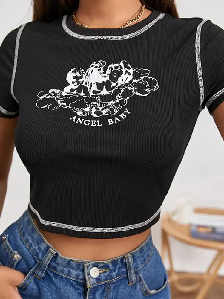 Black Y2K angel crop top with cherub design and Angel Baby text for day long wear