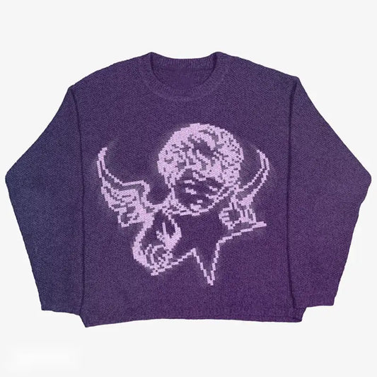 Purple Angel Sweater featuring a light pink cherub design, perfect for Y2K clothing men