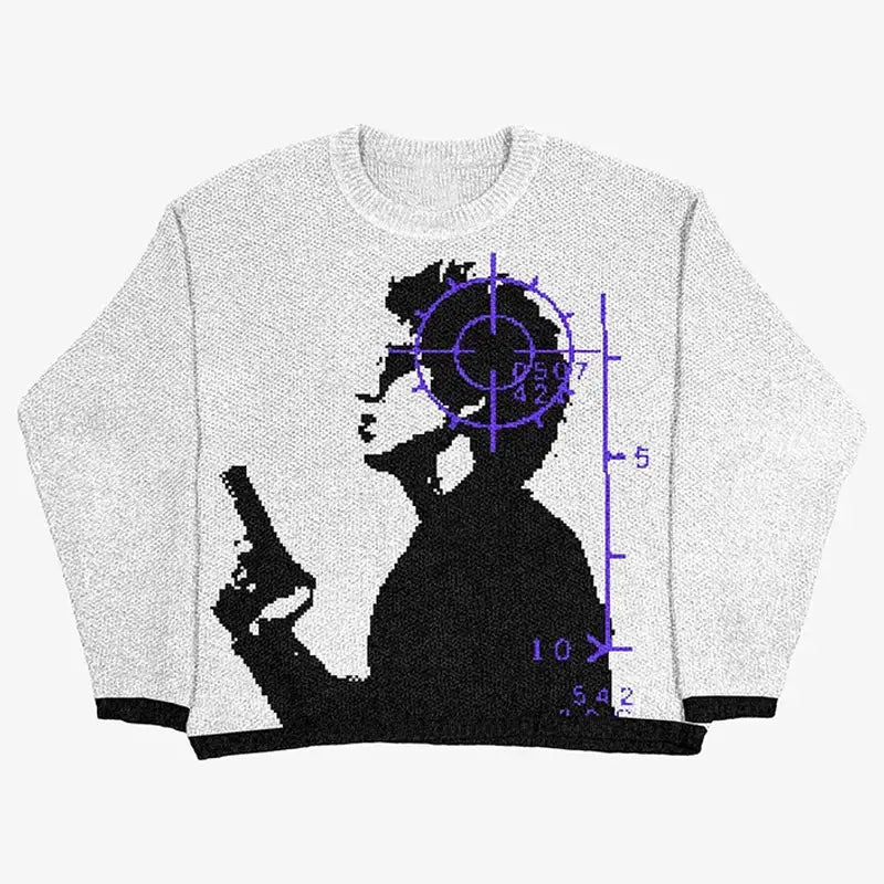 White Assassin Sweater with graphic silhouette design and target elements for Y2K clothing men